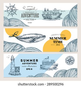 Nautical elements banner collection. Sea set. Vector illustration