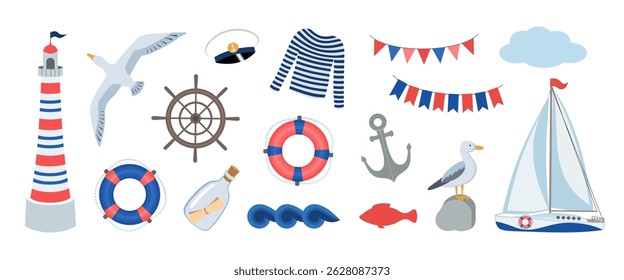 Nautical elements collection. Lighthouse and sailboat. Marine accessories clipart. Steering wheel, lifebuoy, seagull, albatross, fish. Sea travel summer holiday journey icons. Flat design cartoon set.