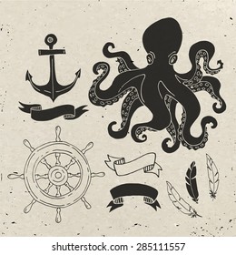 Nautical elements design. Cool vector sea related design elements. Hand drawn designs. 