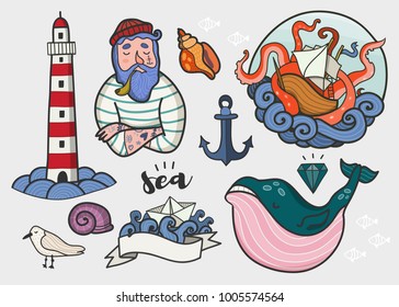 Nautical elements. Hand drawn colored vector set. All elements are isolated