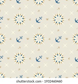 Nautical elements, icon seamless pattern with anchor, navigation compass travel background design