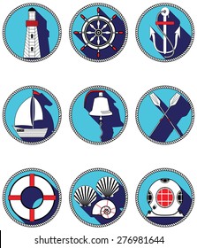 Nautical Elements I Icons In Knotted Circle Including  Boat Bell, Boat, Oars, Rudder, Vintage Diving Mask, Life Ring, Light House, Sea Shells And Anchor 