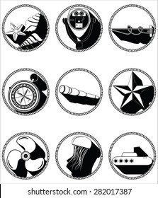 Nautical elements II icons including   sea shells, Star fish, beach telescope, nautical knots, telescope, jelly fish, submarine, vintage compass and boat engine element  in black and white design 