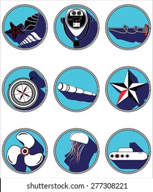 Nautical elements III icons in knotted circle including seahorse, octopus, captains hat,  ship, drawing compass, treasure map, nautical style lamp, fish, globe, beach telescope 
