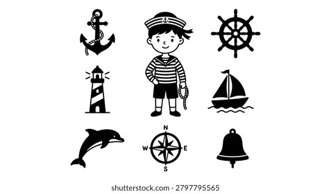 Nautical elements including anchor sailor and ship wheel in black silhouette maritime seafaring boatman vessel