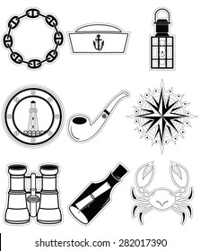 Nautical elements IV icons:sailors hat, navy chain, pipe, message in the mottle, crab, rose winds, rudder, anchor, lighthouse, boat windows, waves, lantern and binoculars in black and white design 
