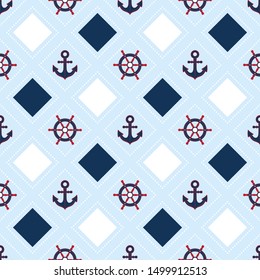 Nautical elements. Naval seamless pattern. Background of marine symbols: anchor, steering wheel, helm. Vector illustration. Retro. Colored web icons for design of wrapping paper and baby clothes.