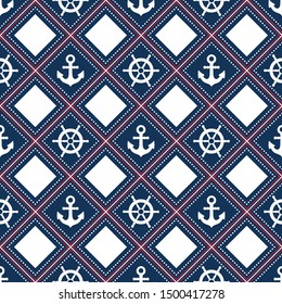 Nautical elements Naval seamless pattern Marine symbols: steering wheel, helm, anchor Color vector illustration Isolated on white background Geometric ornament Design wrapping paper and baby clothes
