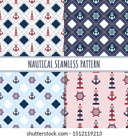 Nautical elements. Naval seamless pattern Marine symbols: lighthouse, steering wheel, helm, anchor. Color vector illustration. Geometric ornament. Design wrapping paper and baby clothes.