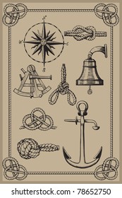 Nautical elements on vintage background. drawing woodcut method.