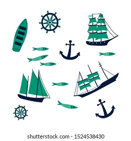 nautical elements sailboat, anchor, steering wheel, fish vector set collection. Creative nautical texture for fabric, wrapping, textile, wallpaper, apparel. 