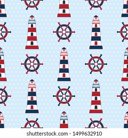 Nautical elements. Seamless pattern. Background of marine symbols:  lighthouse, steering wheel, helm. Navy. Vector illustration. Colored web icons for design of wrapping paper and baby clothes.
