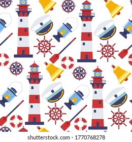 Nautical elements seamless pattern. Beacon and bell, compass and steering wheel, captains hat and lamp, inflatable lifebuoy. Lighthouse for navigation and voyages direction, vector in flat style