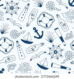 Nautical Elements Seamless Pattern. Hand Drawn Marine Background with Doodle Lighthouse Ship Wheel Seagull Anchor Lifebuoy symbols. Sketch Vector Illustration