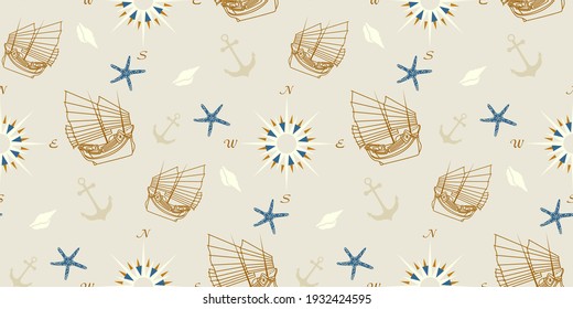 Nautical elements seamless pattern with old vintage sailboat, anchor, seashell, starfish with navigation compass travel background design