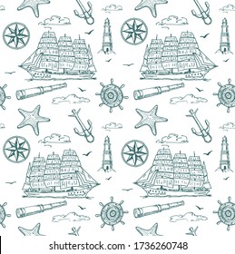 Nautical elements seamless pattern. Sea background. Marine pattern for fabric, baby clothes, background, textile, wrapping paper and other decoration. Vector illustration