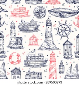 Nautical elements seamless pattern. Sea background. Vector illustration