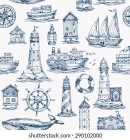 Nautical Elements Seamless Pattern. Sea Background. Vector Illustration