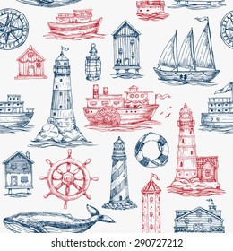 Nautical elements seamless pattern. Sea background. Vector illustration