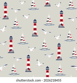 Nautical elements seamless vector pattern,Lighthouse vector,sailboat and seagull on grey background