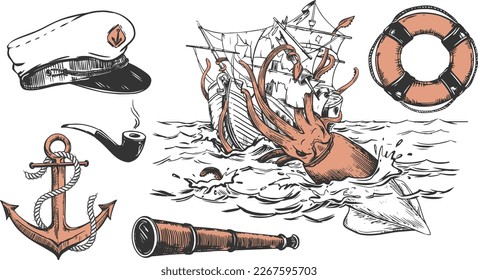 Nautical elements set. Anchor, captain's cap, lifebuoy, smoking pipe. Composition according to the legends of sailors, a huge squid attacks the ship. The kraken drags the sailboat underwater. Vector.