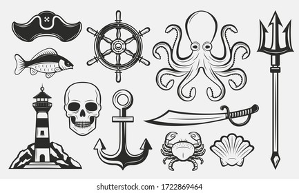 Nautical elements set. Vintage nautical icons set. Marine logo templates. Lighthouse, anchor, trident, octopus, ship wheel. Vector illustrations