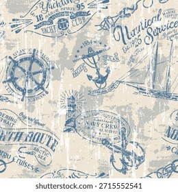 Elementos náuticos signo símbolo insignia patchwork grunge Vector sin patrón para tela alfombra Fondo de pantalla almohada mantel camisa tapiz