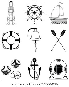 Nautical Elements Such As Boat Bell, Boat, Oars, Rudder, Vintage Diving Mask, Life Ring, Light House, Sea Shells And Anchor
