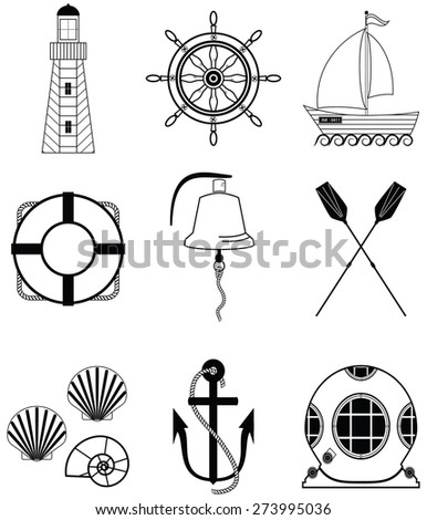 Nautical elements such as boat bell, boat, oars, rudder, vintage diving mask, life ring, light house, sea shells and anchor
