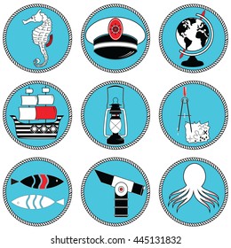 Nautical elements type 3 icons in knotted circle including seahorse, octopus, captains hat,  ship, drawing compass, treasure map, nautical style lamp, fish, globe, beach telescope
