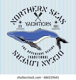 Nautical elements.Blue whale and marine graphic printing