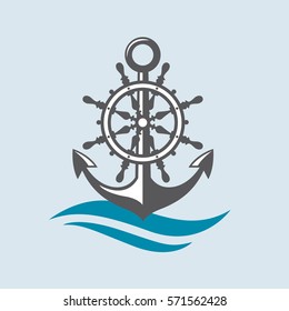 Nautical emblem of anchor, compass and sea waves. Vector illustration