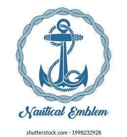 Nautical Emblem of Anchor and Marine Ropes isolated on white. Vector illustration.
