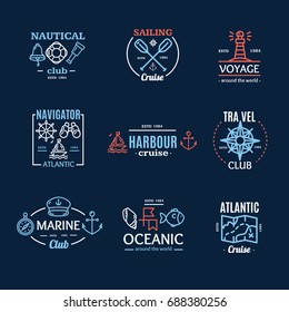 Nautical Emblem Badges or Labels Line Art Set on a Dark Blue Cruise Travel. Vector illustration