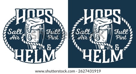 Nautical emblem beer filled glass maritime rope. Represents brewing heritage, seafaring culture for pub, nautical establishments. Beer, sea, ocean, brewing, brew, nautical, marine. Retro style