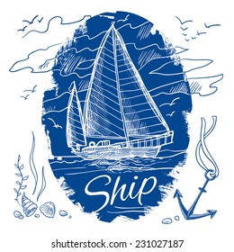 Nautical emblem with blue colored sketch sailing schooner ship and sea background vector illustration