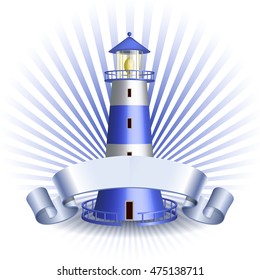 Nautical emblem with Blue lighthouse and ribbon. Marine summer travel banner. Vector illustration