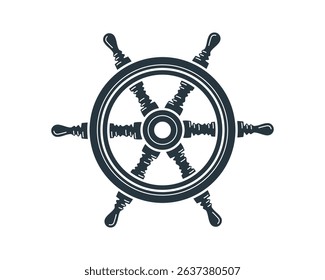 Nautical emblem featuring a detailed ships wheel. Represents guidance, control, and adventure. Perfect for travel, seafaring, or leadership concepts. Clean design.