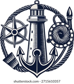 Emblema náutico con un faro, ancla y brújula