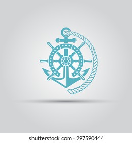 Nautical emblem, helm wheel, anchor and rope isolated vector logo for maritime company