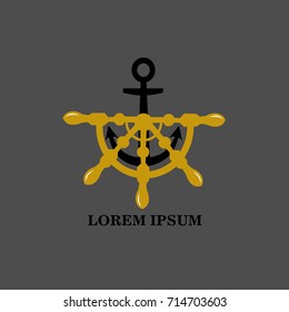 Nautical emblem, helm wheel, anchor and rope isolated vector logo for maritime company