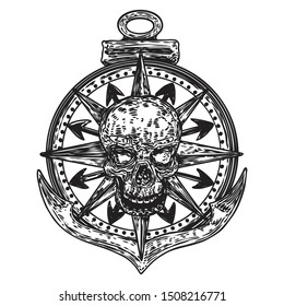 Nautical emblem with marine anchor and compass arrows wheel and skull.  Sea or ocean sailor, pirate symbol. T-shirt design, label or poster Vector. 