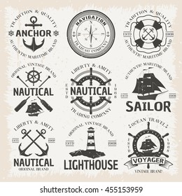 Nautical emblem set in color with ocean travel voyager nautical sailor lighthouse vintage brands descriptions vector illustration