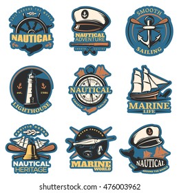 Nautical emblem set in color with smooth sailing nautical adventure marine life and other descriptions vector illustration