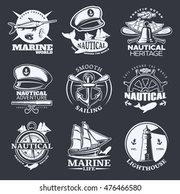 Nautical emblem set on black with marine world nautical sail around the world smooth sailing descriptions vector illustration