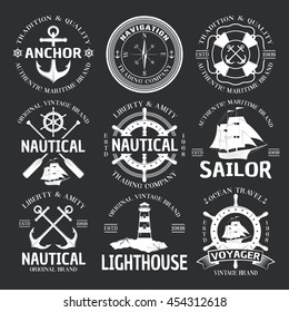 Nautical emblem set white on black liberty and amity nautical travel company par example vector illustration