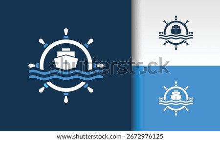 Nautical emblem with ship helm and waves
