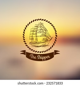 Nautical emblem with sketch sailing clipper ship with frame on light background vector illustration