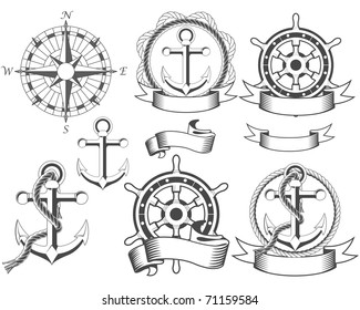 Nautical emblems with different seafaring design elements