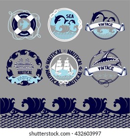 Nautical emblems set with marine object and silhouettes. Vector illustration